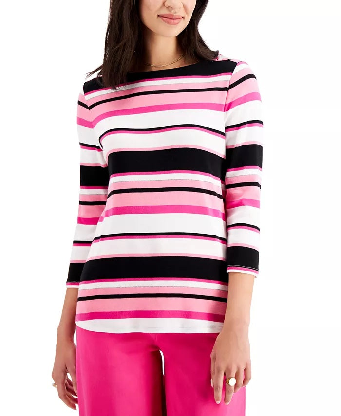Charter Club Women's Pima Cotton Button-Shoulder Stripe Top  Pink Size Small