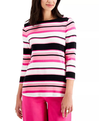 Charter Club Women's Pima Cotton Button-Shoulder Stripe Top  Pink Size Small