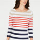 Charter Club Women's Pima Cotton Button Shoulder Stripe Top Red Size Large