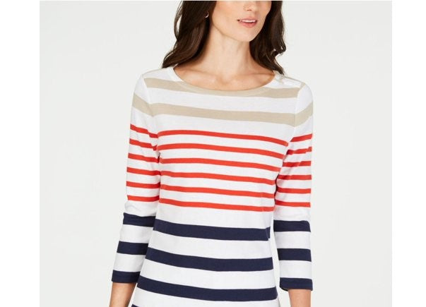 Charter Club Women's Pima Cotton Button Shoulder Stripe Top Red Size Large