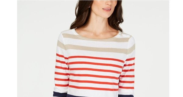 Charter Club Women's Pima Cotton Button Shoulder Stripe Top Red Size Large