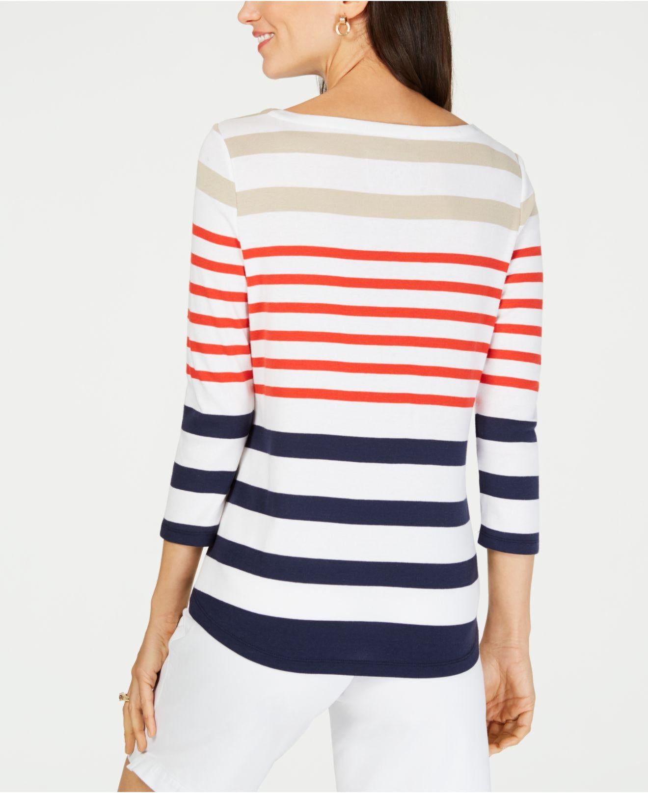Charter Club Women's Pima Cotton Button-Shoulder Stripe Top Medium Red Size X-Large