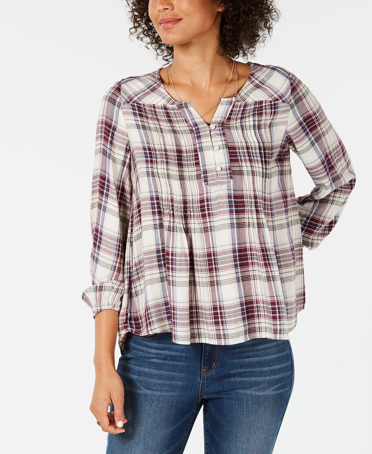 Style & Co Women's Petite Plaid Pleated Top Red Size Petite