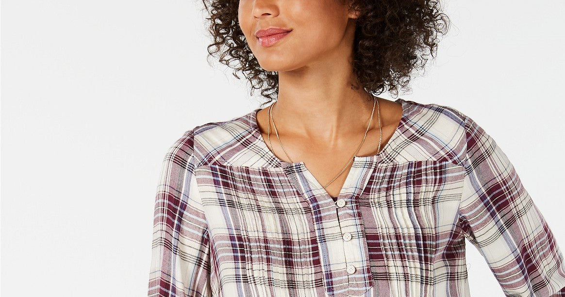 Style & Co Women's Petite Plaid Pleated Top Red Size Petite