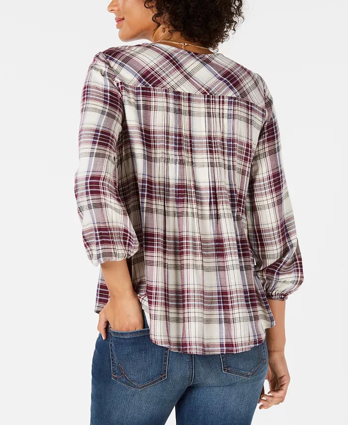 Style & Co Women's Petite Plaid Pleated Top Red Size Large