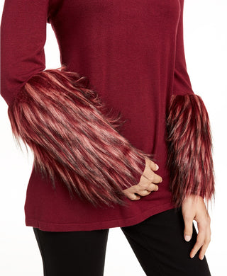 Alfani Women's Faux-Fur-Cuff Mock-Neck Sweater Dark Wine Size Extra Large