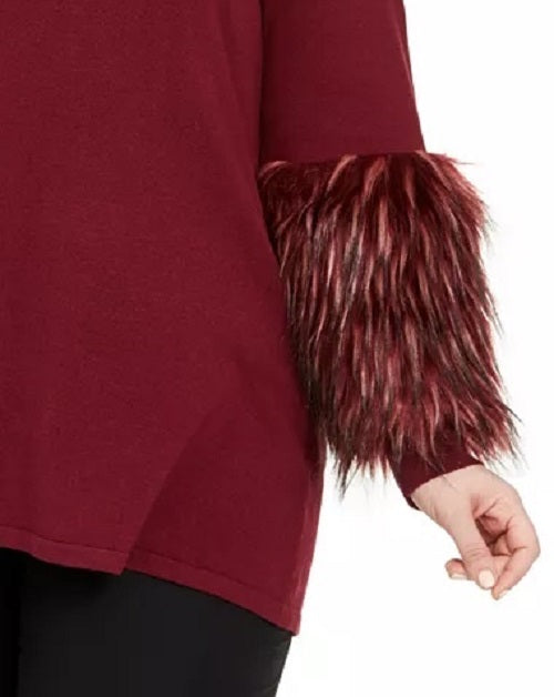 Alfani Women's Plus Size Faux-Fur-Cuff Mock-Neck Tunic Sweater Wine Size 2X