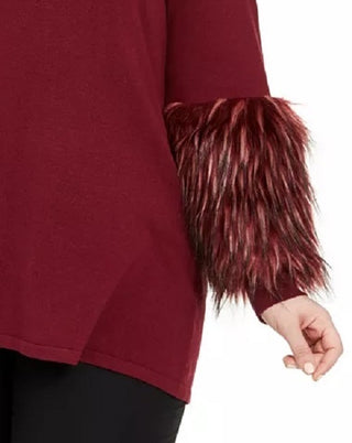 Alfani Women's Plus Size Faux-Fur-Cuff Mock-Neck Tunic Sweater Wine Size 2X
