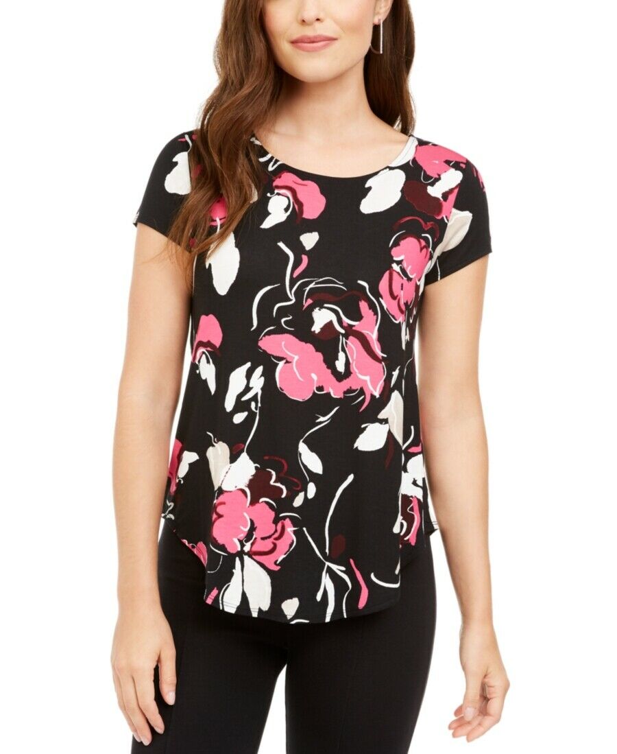 Alfani Women's Floral-Print T-Shirt Black Size Medium