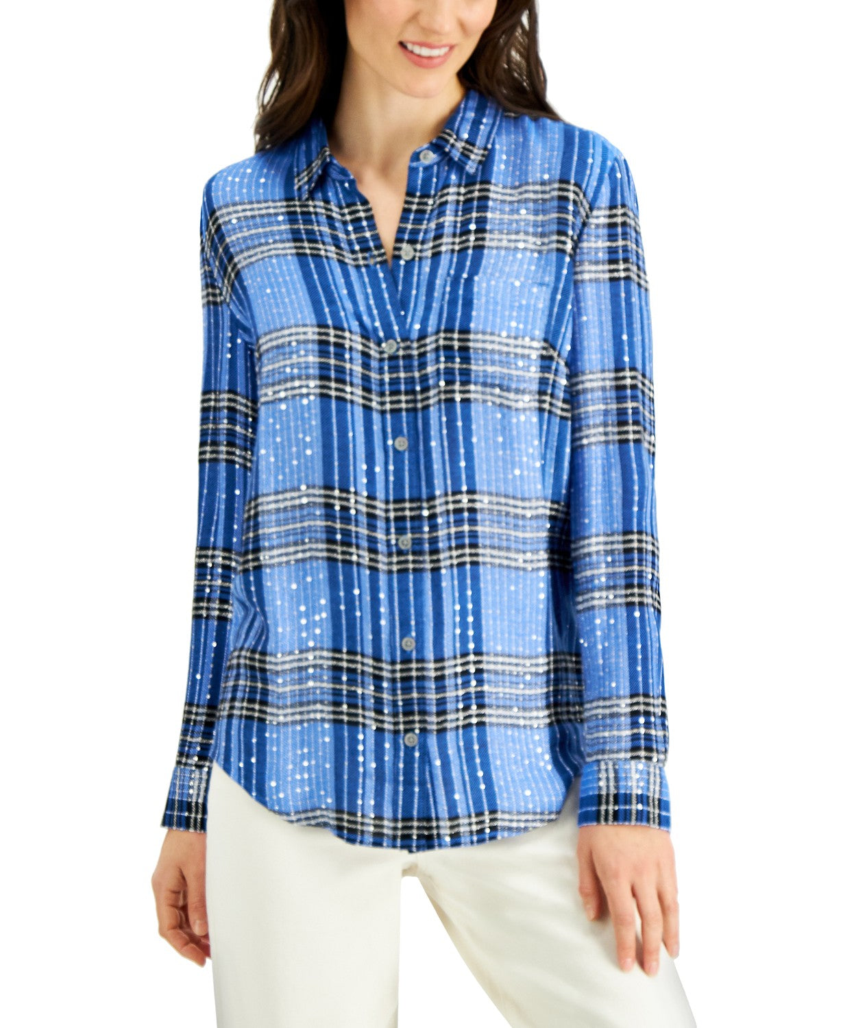 Style & Co Women's Sparkle Plaid Shirt Blue Size Extra Small