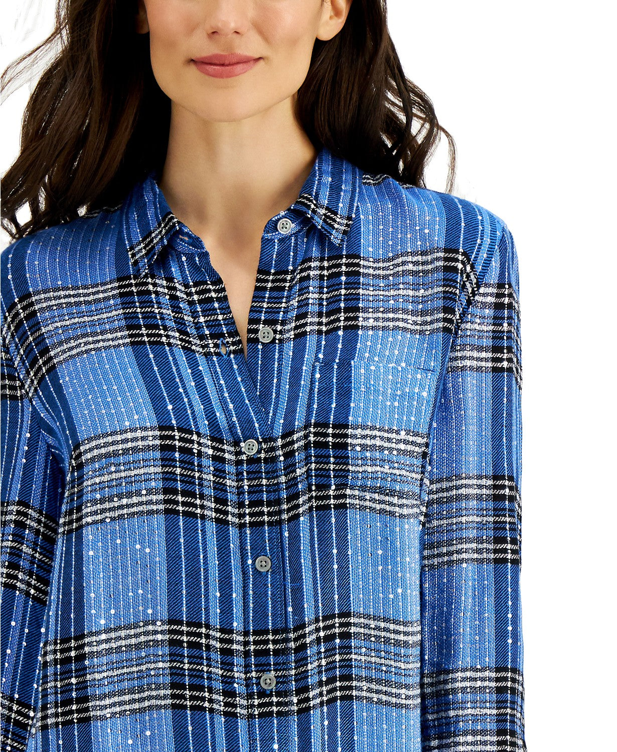 Style & Co Women's Sparkle Plaid Shirt Blue Size Extra Small