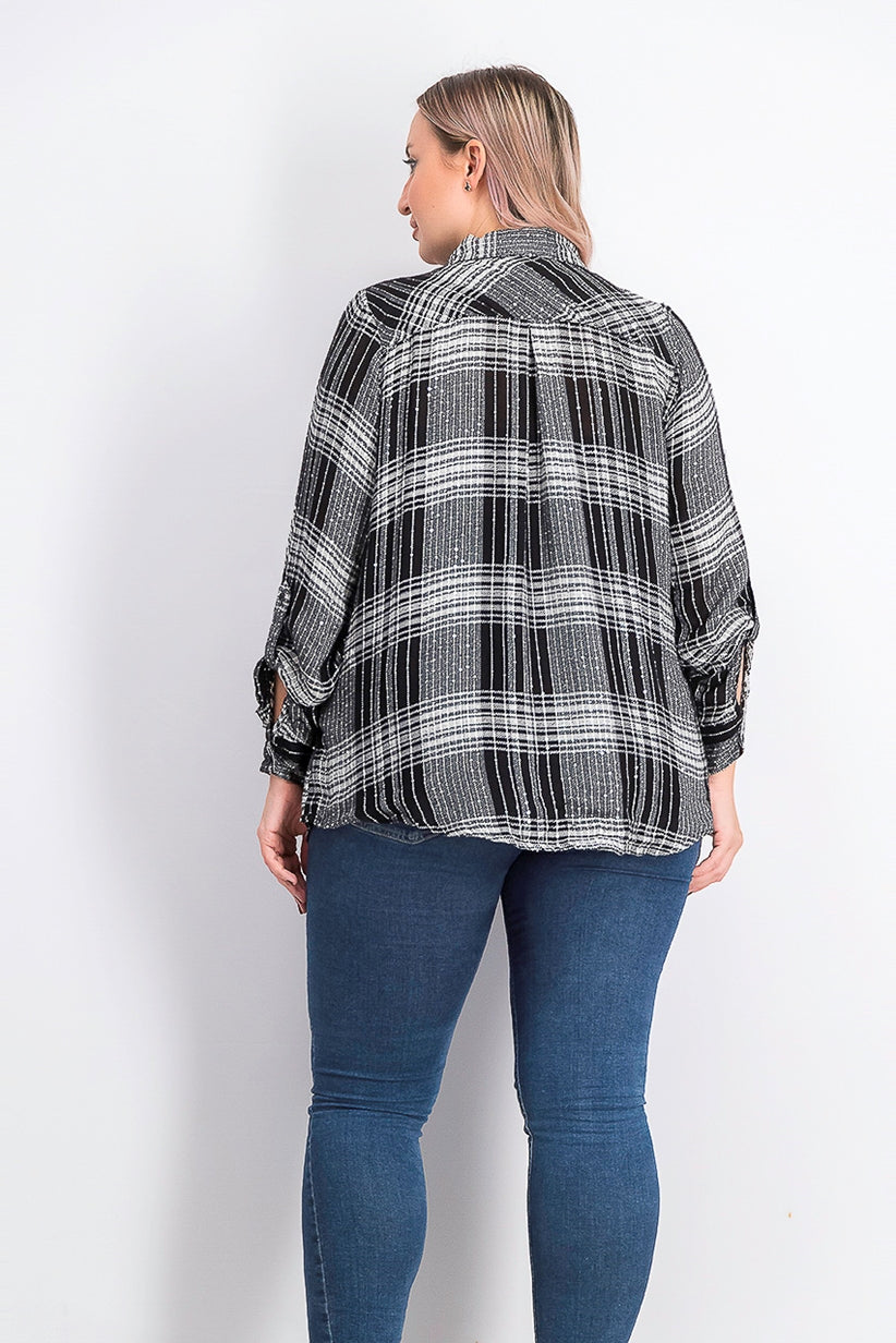 Style & Co Women's Sparkle Plaid Shirt Black Size Extra Small