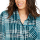 Style & Co Women's Sparkle Plaid Shirt Green Size Large