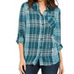 Style & Co Women's Sparkle Plaid Shirt Green Size Small
