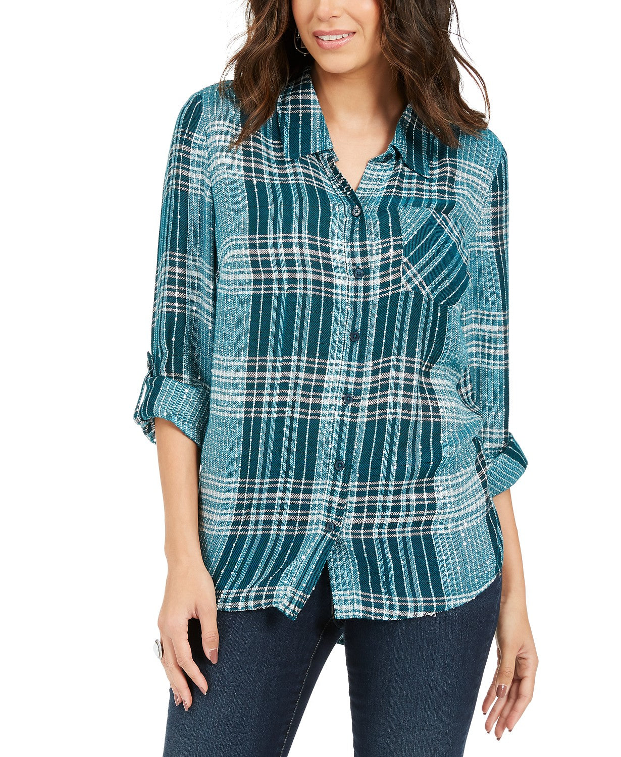 Style & Co Women's Sparkle Plaid Shirt Green Size Small