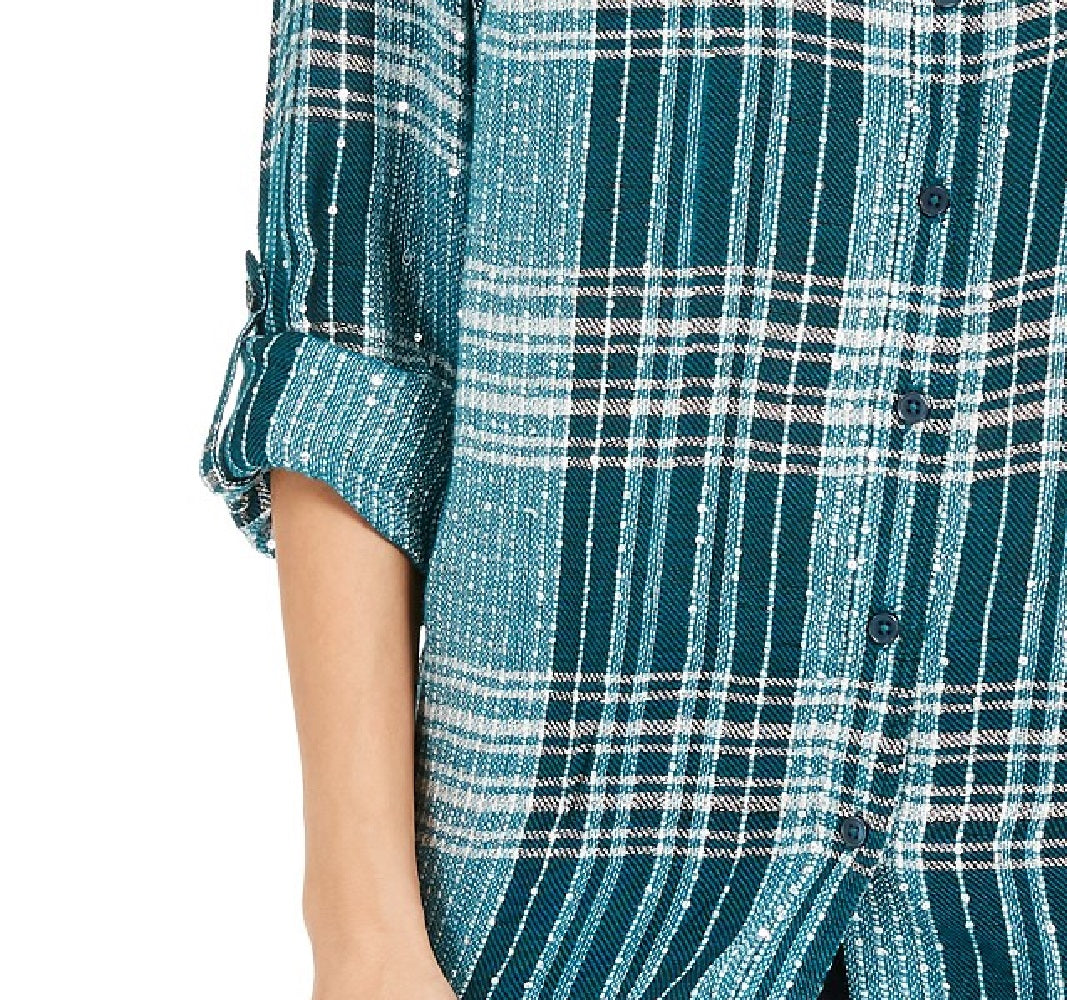 Style & Co Women's Sparkle Plaid Shirt Green Size Small
