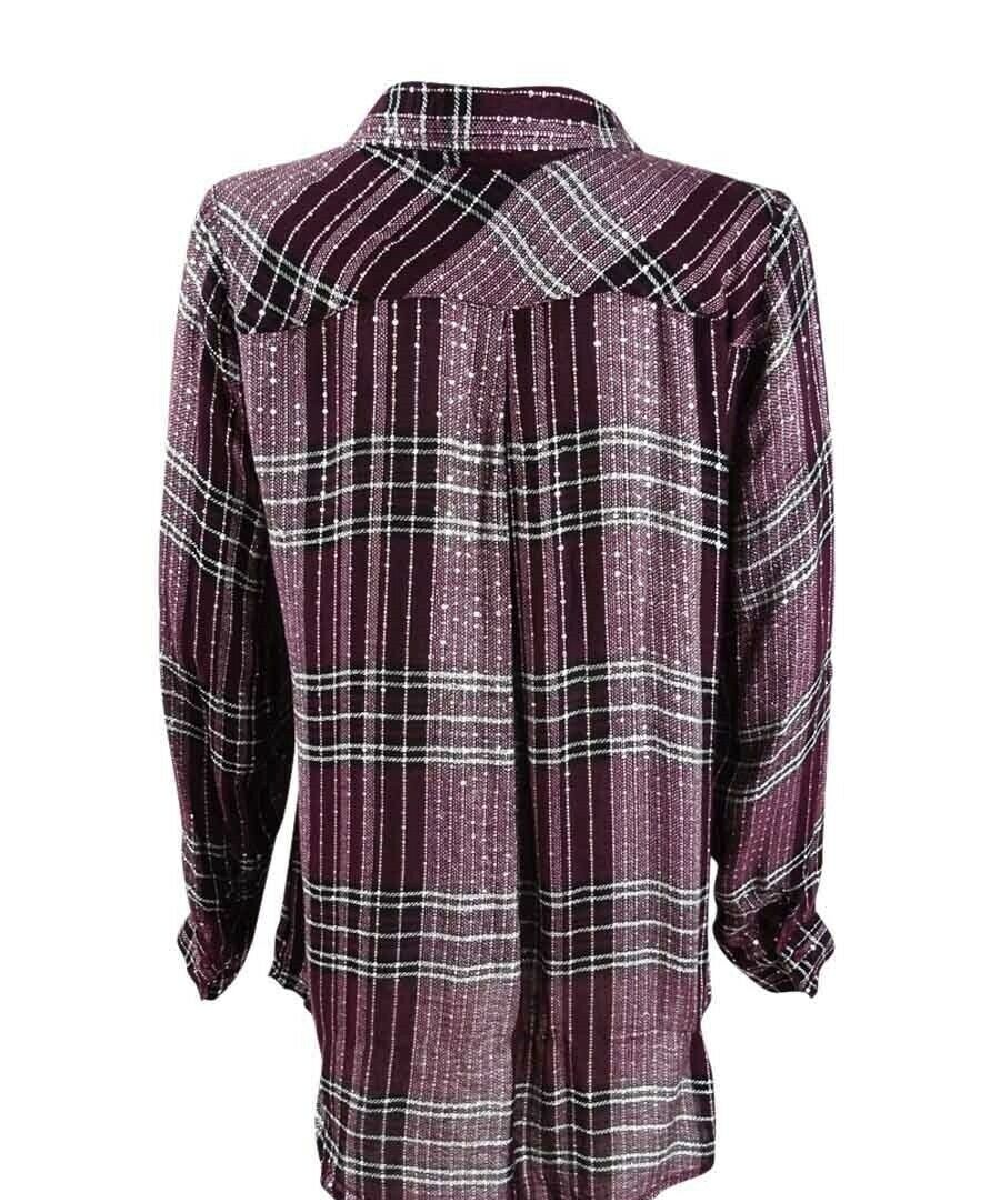 Style & Co Women's Sparkle Plaid Shirt Red Size Small