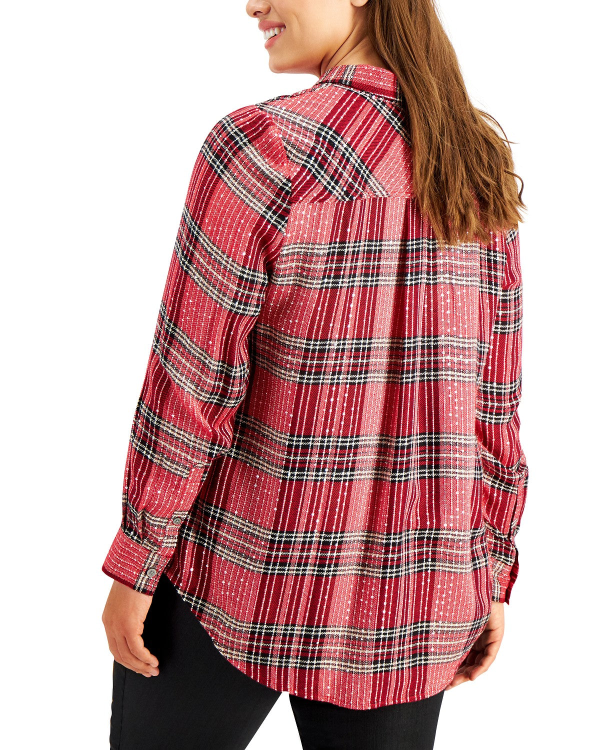 Style & Co Women's Sparkle Plaid Shirt Red Size Extra Small
