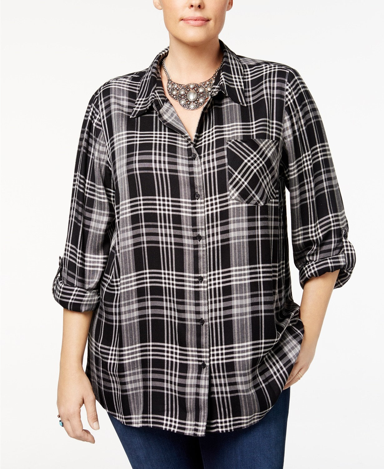 Style & Co Women's Plus Size Plaid Shirt  Black Size 0X