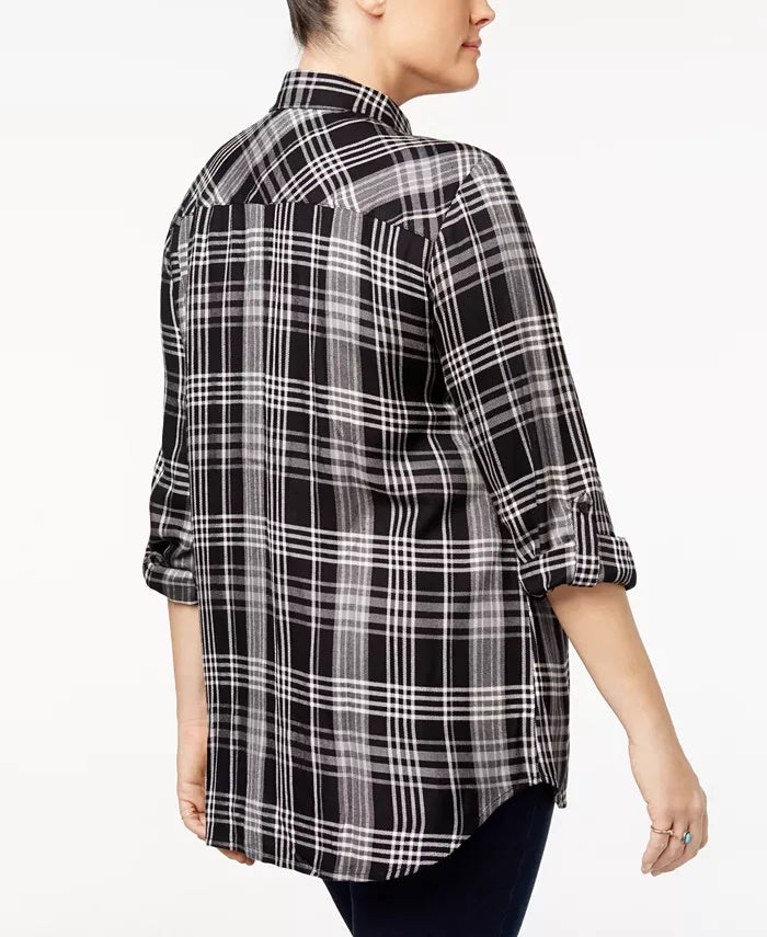 Style & Co Women's Plus Size Plaid Shirt  Black Size 0X