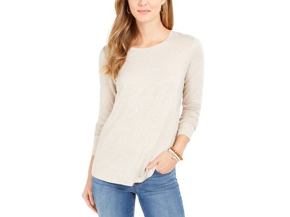 Style & Co Women's Long-Sleeve Crewneck Top Lt Beige Size Small