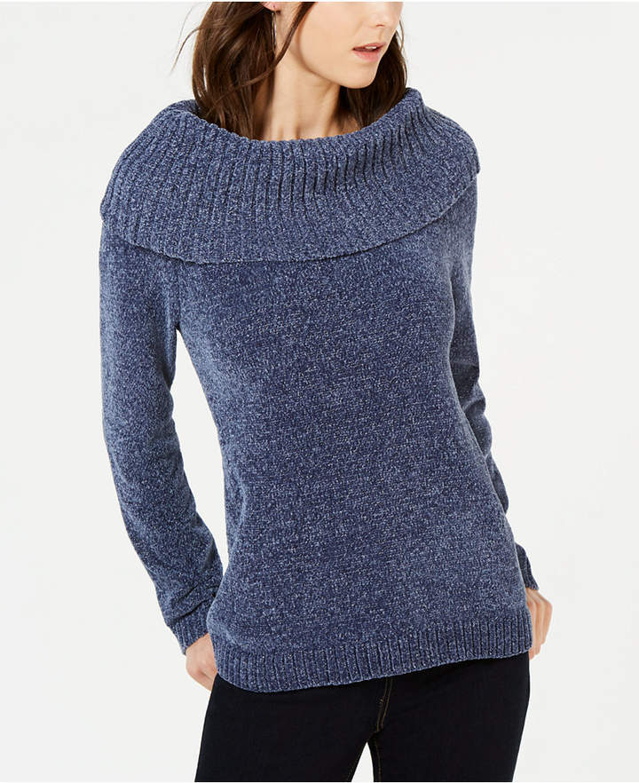 INC International Concepts Women's Chenille Cowl-Neck Sweater Navy Size Medium