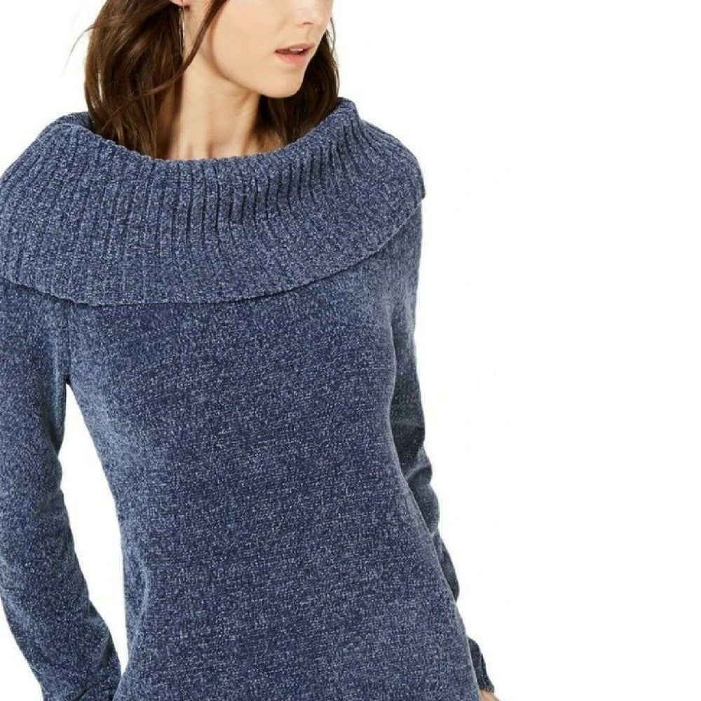 INC International Concepts Women's Chenille Cowl-Neck Sweater Blue Size X-Large