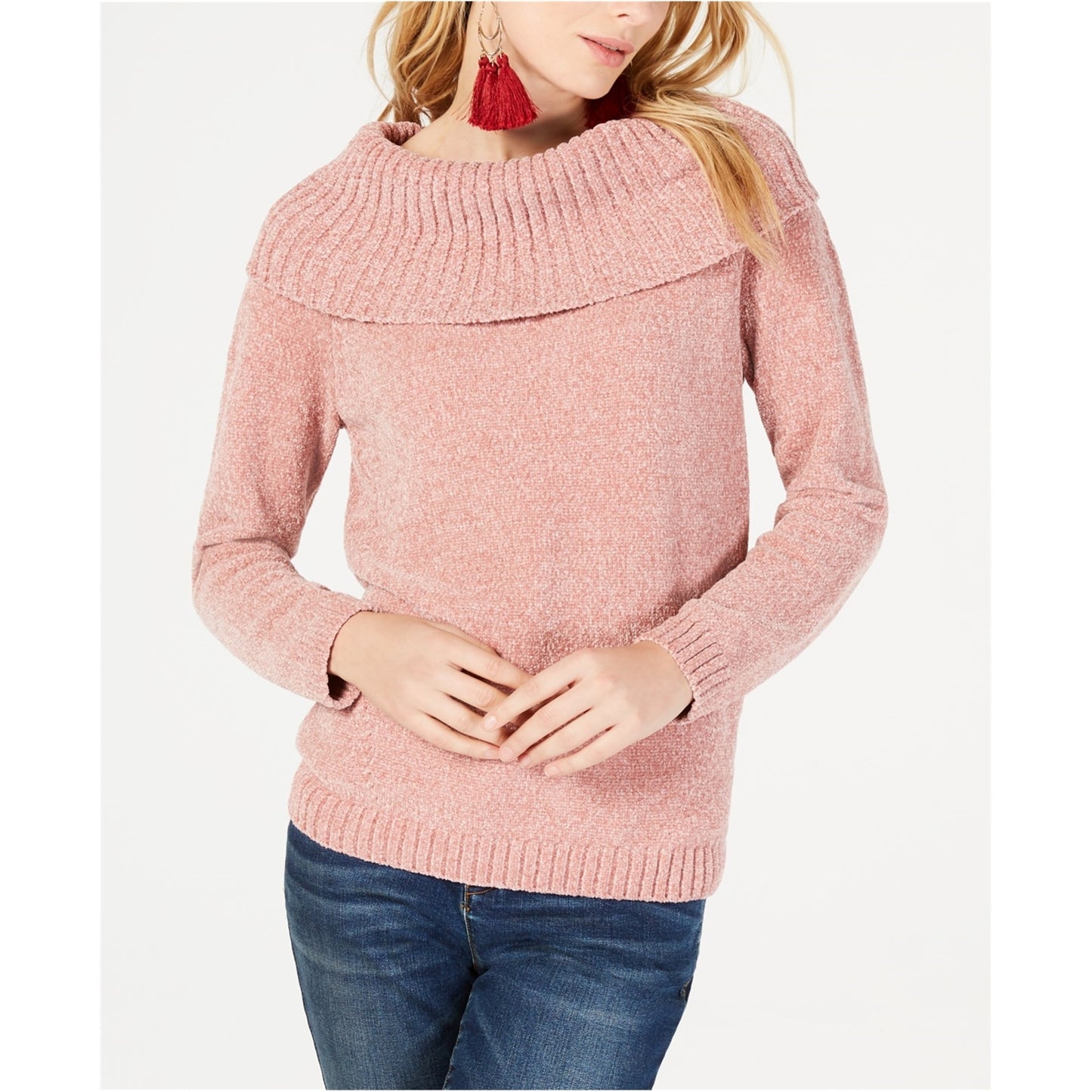 INC International Concepts Women's Cowl-Neck Chenille Sweater Pink Size Large