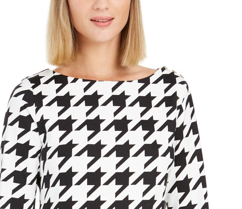 Charter Club Women's Petite Button-Shoulder Houndstooth Top Black Size Small