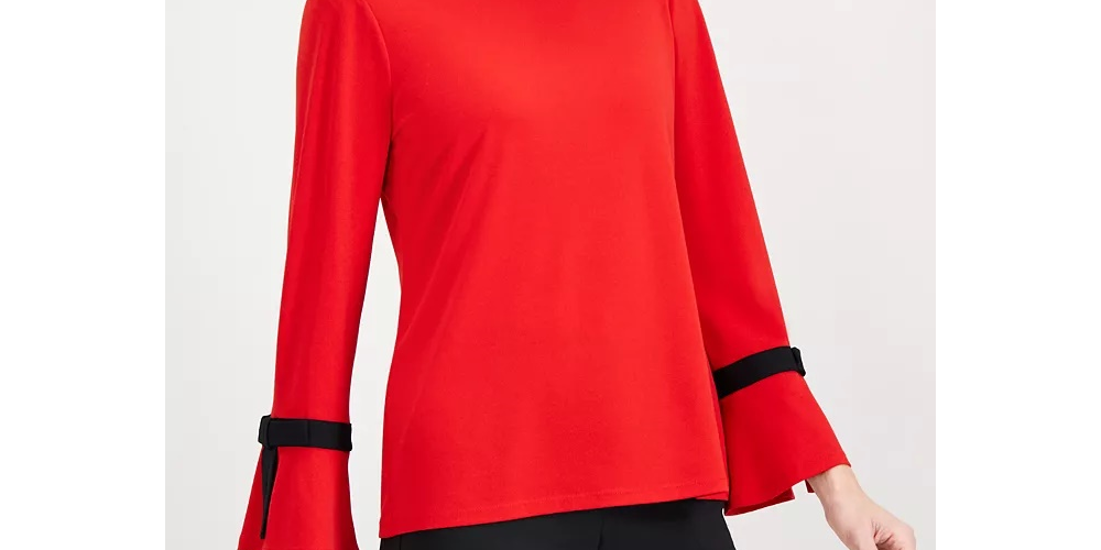 Charter Club Women's Tie-Sleeve Crepe Top Red Size Medium