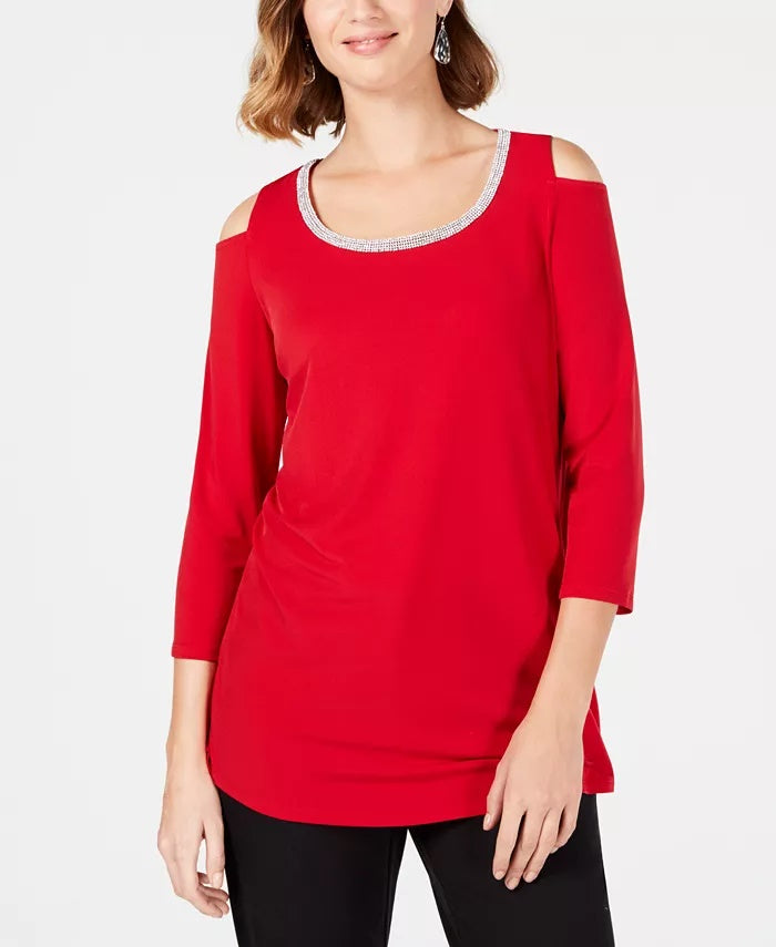 JM Collection Women's Embellished Cold Shoulder Top Red Size Petite Small