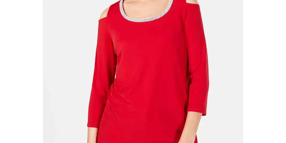 JM Collection Women's Embellished Cold Shoulder Top Red Size Petite Small