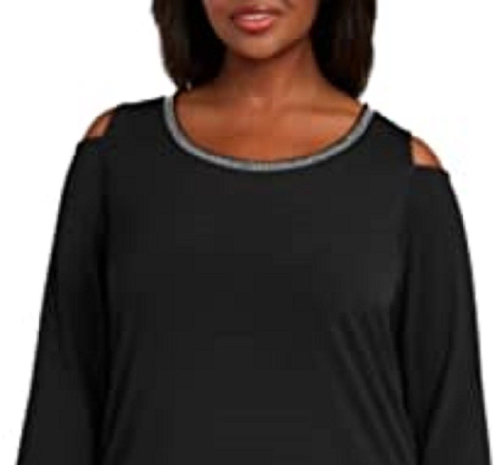 JM Collection Women's Collection Plus Size Diamonte-Trim Cold-Shoulder Tunic  Black Size Extra Large