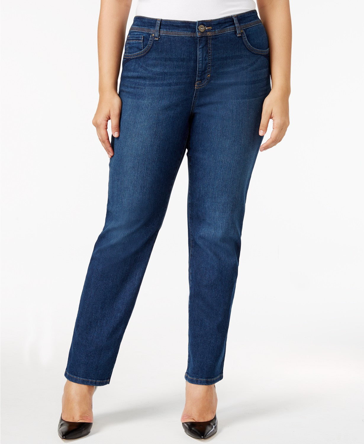 Style & Co Women's Plus Size Tummy Control Straight-Leg Jeans Dark Blue Size 24