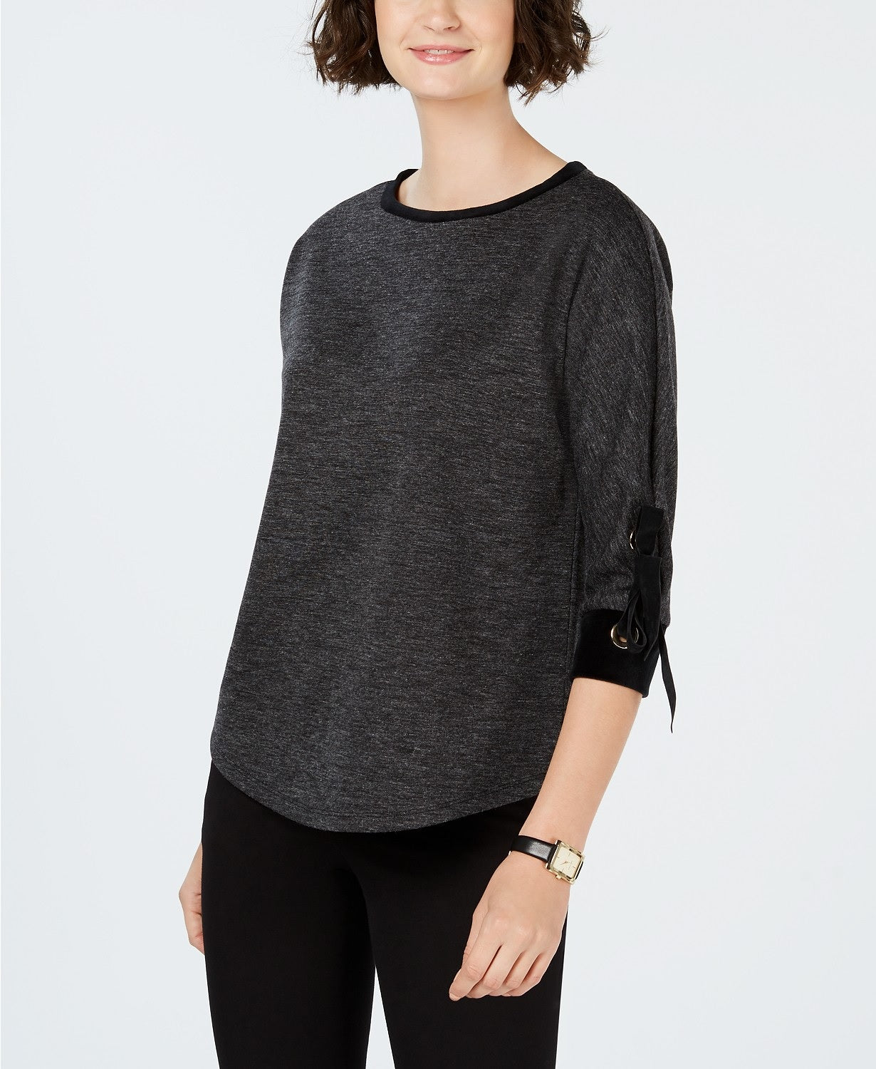 Charter Club Women's Cotton Velvet-Trim Lace-Up Top Black Size XX-Large
