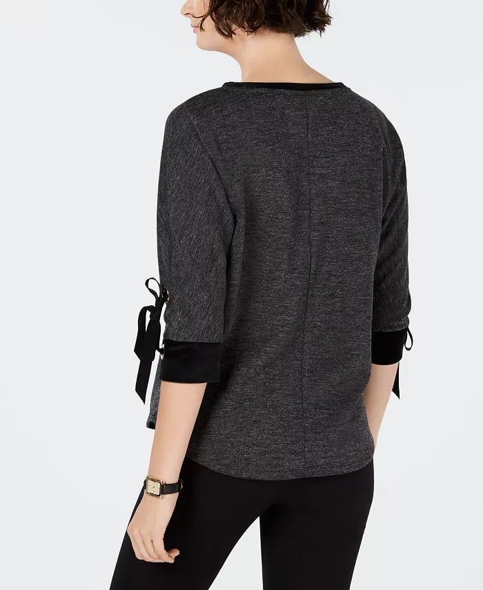 Charter Club Women's Cotton Velvet-Trim Lace-Up Top Black Size XX-Large