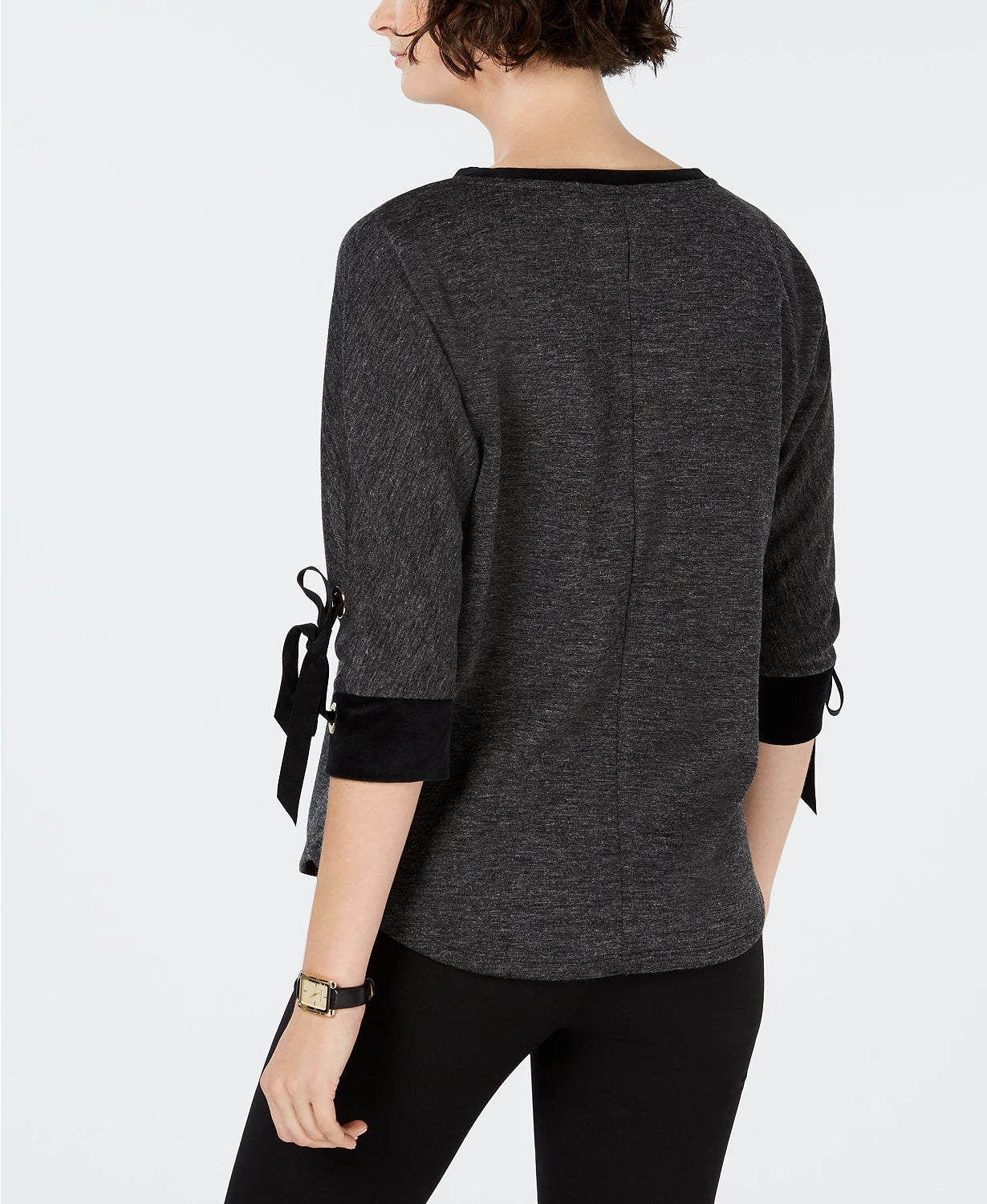 Charter Club Women's Cotton Velvet-Trim Lace-Up Top Deep Black Size Small