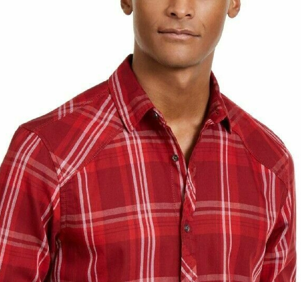 INC International Concepts Men's Marc Plaid Shirt Red Size Large
