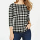 Charter Club Women's Petite Pima Cotton Button-Shoulder Print Top Black Size Small