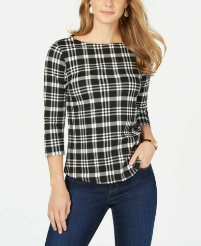 Charter Club Women's Petite Pima Cotton Button-Shoulder Print Top Black Size Small