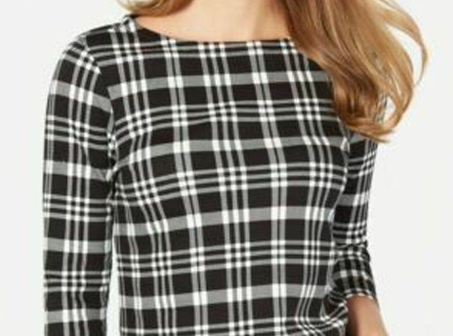 Charter Club Women's Petite Pima Cotton Button-Shoulder Print Top Black Size Small