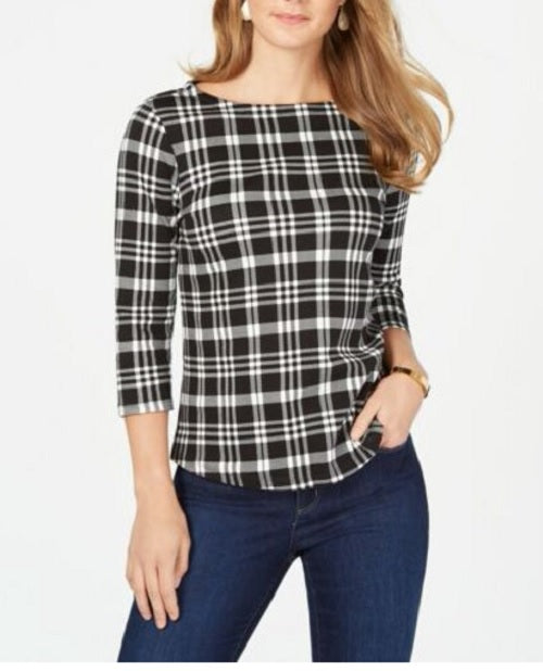 Charter Club Women's Pima Cotton Button-Shoulder Print Top Black Size Petite Medium