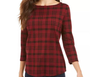 Charter Club Women's Pima Cotton Button Shoulder Print Top Medium Red Size Petite Small