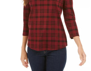 Charter Club Women's Pima Cotton Button Shoulder Print Top Medium Red Size Petite Small