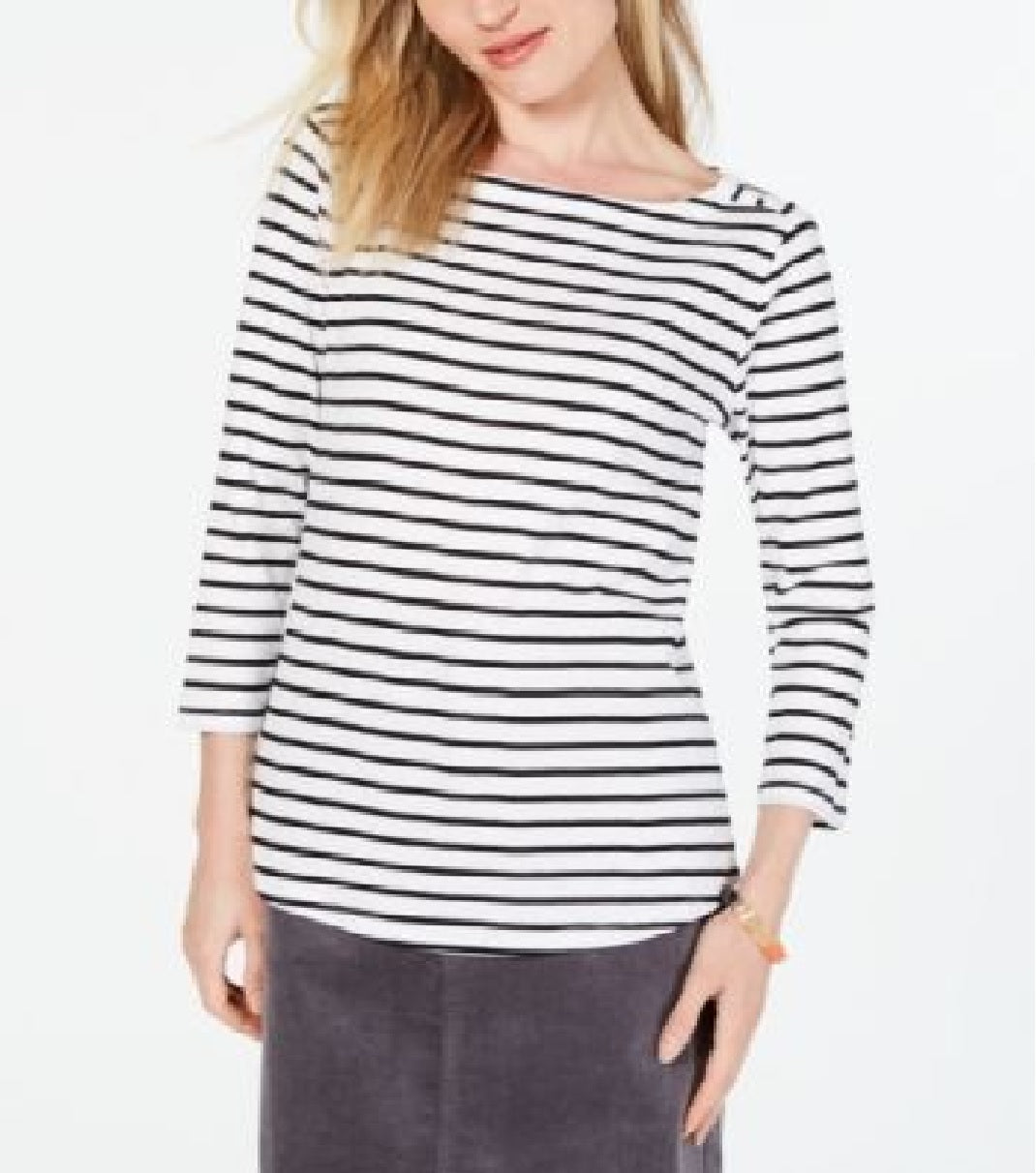 Charter Club Women's Pima Cotton Button-Shoulder Stripe Top White Size Extra Large