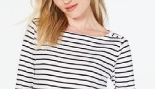 Charter Club Women's Pima Cotton Button-Shoulder Stripe Top White Size Extra Large