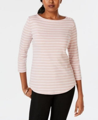 Charter Club Women's Petite Pima Cotton Button-Shoulder Striped Top Pink Size Petite Small