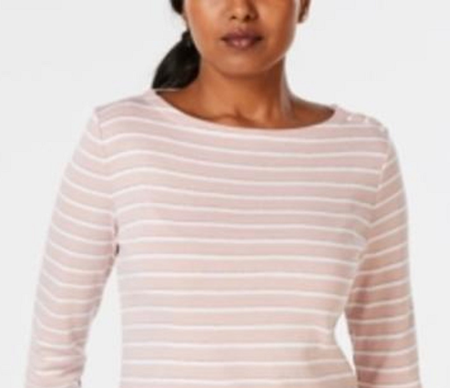 Charter Club Women's Petite Pima Cotton Button-Shoulder Striped Top Pink Size Petite Small