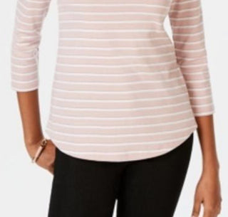 Charter Club Women's Petite Pima Cotton Button-Shoulder Striped Top Pink Size Petite Small