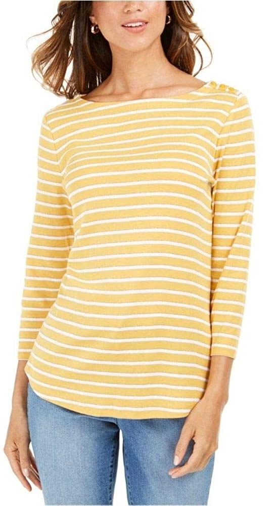 Charter Club Women's Petite Pima Cotton Button-Shoulder Print Top  Honey Glaze Cmb Size Large